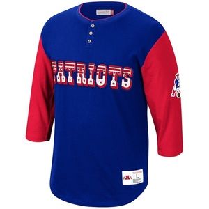 Men's Mitchell & Ness Royal New England Patriots 3/4-Sleeve Henley T-Shirt